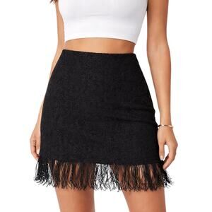 Vintage Ann Ferriday Black Lace Fringe Mini Skirt Bodycon Y2K Stretch Boho Small